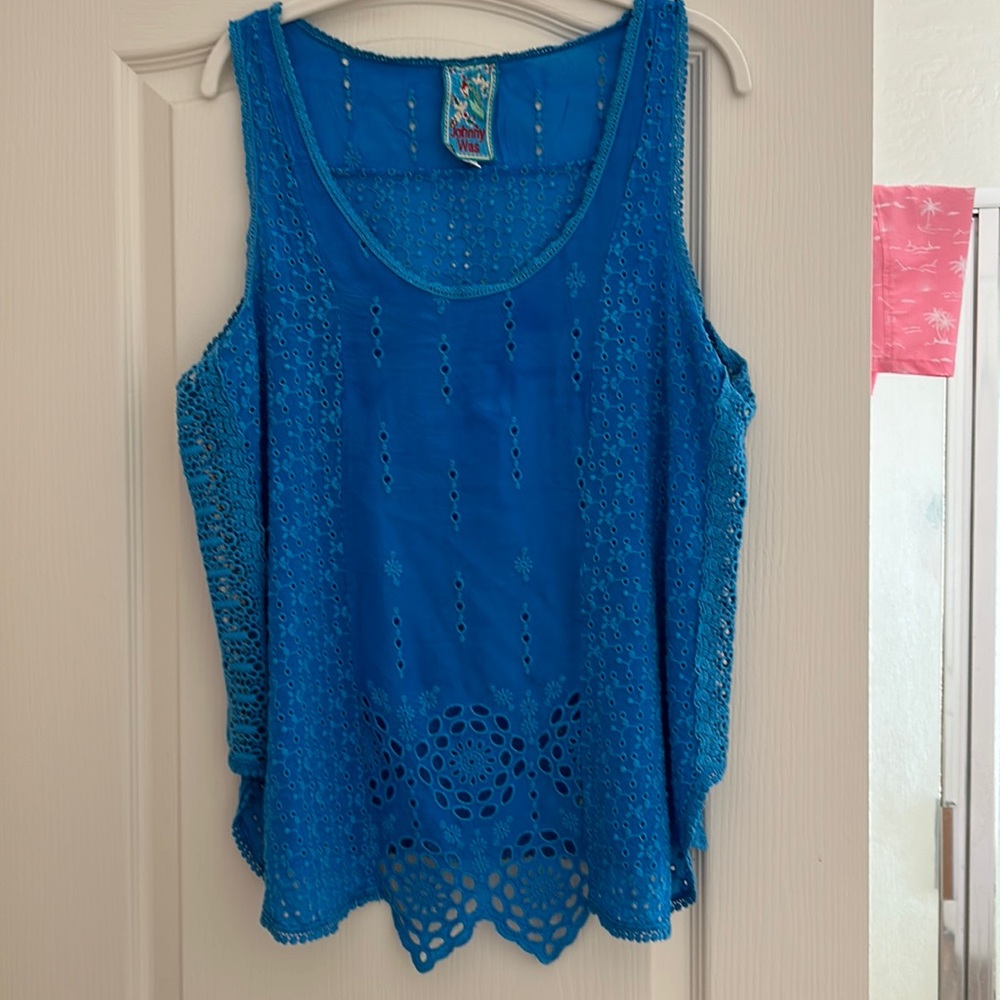 Johnny Was Blue Embroidered Tank Top L